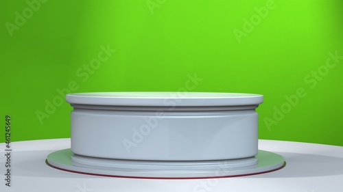 Photos white table with green background in news studio