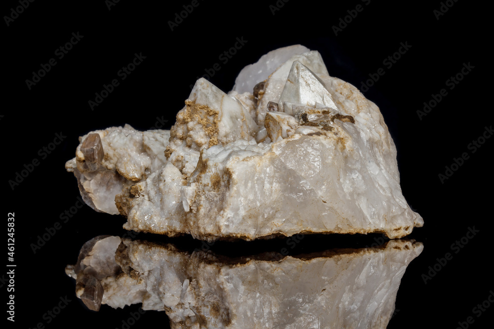 Macro mineral stone Snow quartz with calcite on a black background Macro mineral stone Snow quartz with calcite on a black background