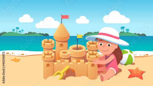 Kid building big sandcastle sit on seashore