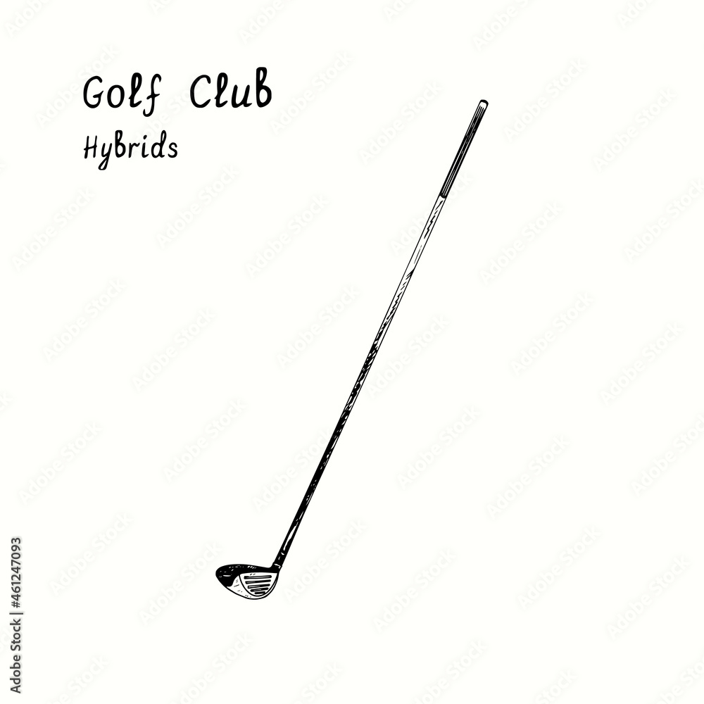 Golf Club types. Hybrids. Ink black and white doodle drawing in woodcut