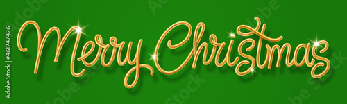 Golden Text Merry Christmas on Green Background with Gold Shine Stars. Creative Typography for Christmas and New Year Season. Perfect for Greeting Card, Holiday Greeting Gift Poster