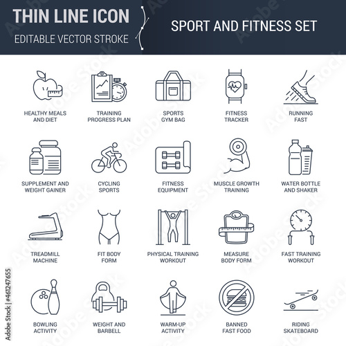 Icons Set of Sport and Fitness. Editable Vector Stroke. Premium Mono Linear Plain Laconic Logo