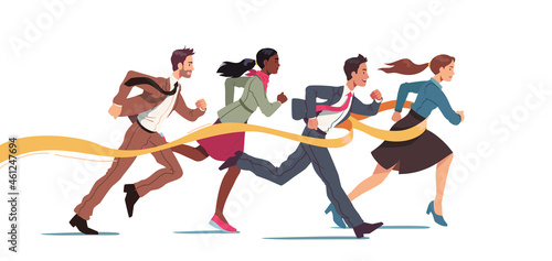 Business team run race crossing finish line ribbon
