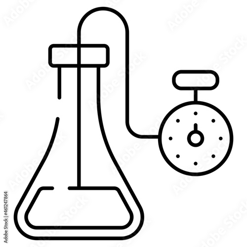 Chemical flask with stopwatch, icon of experiment time