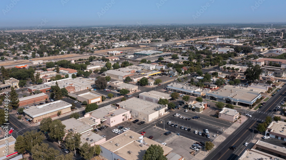 Morning aerial view of the downtown area of Tulare, California, USA.