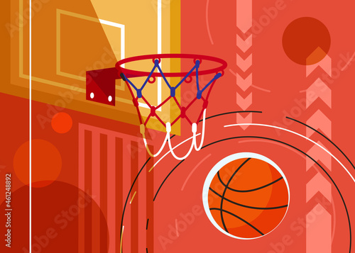 Basketball banner with backboard and ball. Sport placard design in flat style.