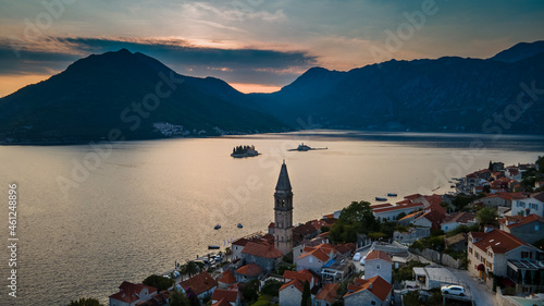 Sunset in Bay of Kotor in Perast Montenegro