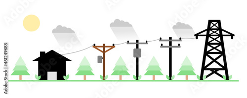 Electric poles to transmit electricity to house or home with tree icon flat vector design. Concept eco clean green energy environmentally friendly.