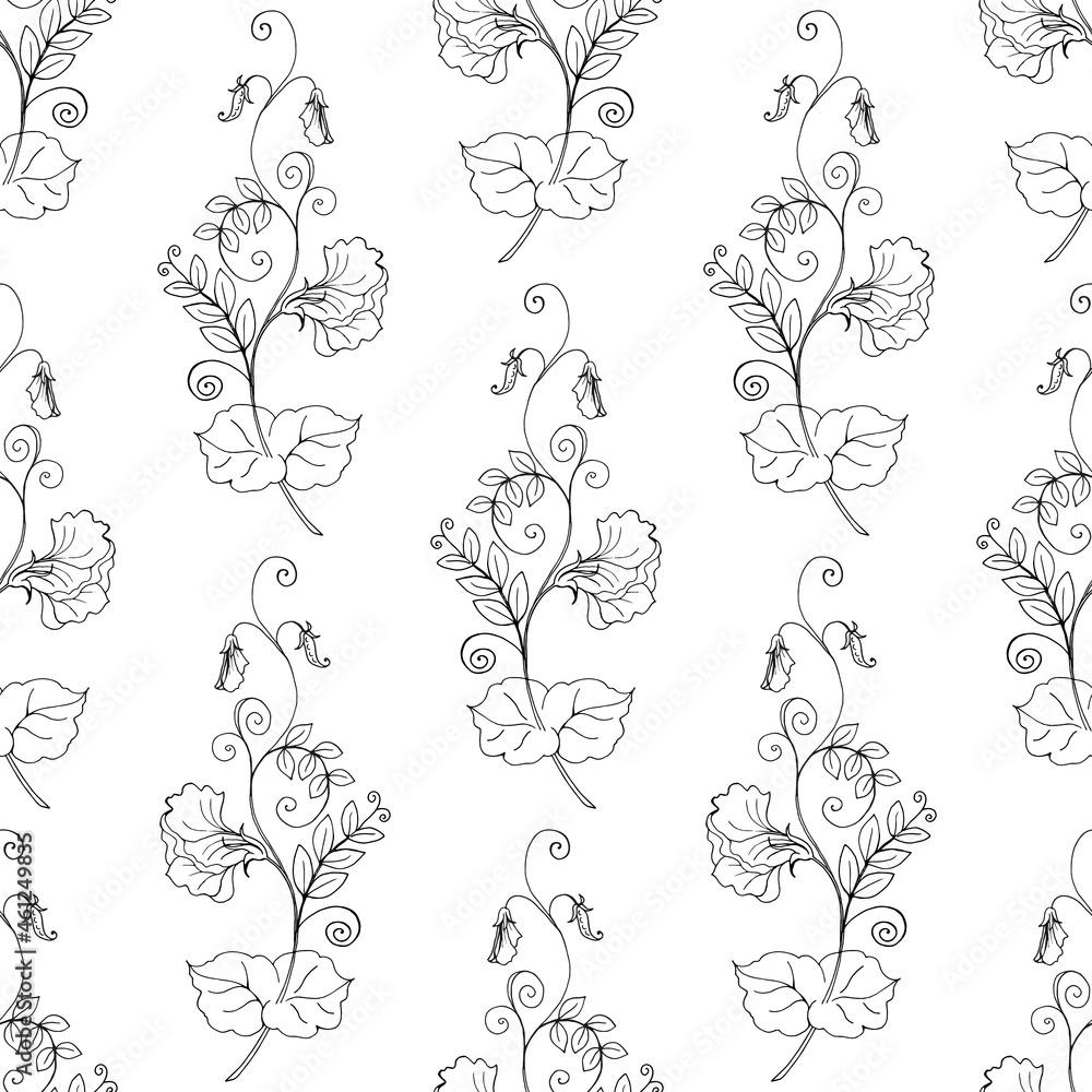 Seamless pattern with a print of flowering branches of sweet pea, pattern with black outline and white fill. Seamless pattern with a print of flowering branches of sweet pea, pattern with black outline and white fill.
