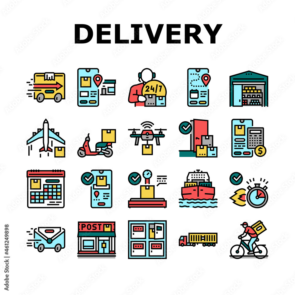Delivery Service Application Icons Set Vector. Delivery Truck And Cargo Airplane, Bike And Scooter, Drone And Boat Delivering, Smartphone App For Tracking And Location Line. Color Illustrations