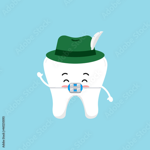 Octoberfest teeth in german hat with feather icon isolated. Dentist cute white tooth with braces character with green hat. Flat design cartoon vector clip art illustration.