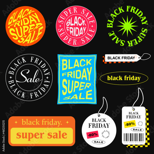 Set Of Black Friday Stickers, Labels, Badges Vector Design. Modern Trendy Super Sale Illustration.