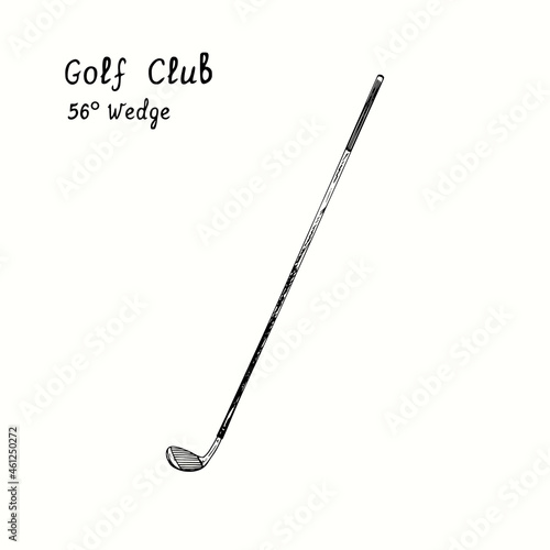 Golf Club types. 56° Wedge. Ink black and white doodle drawing in woodcut style.