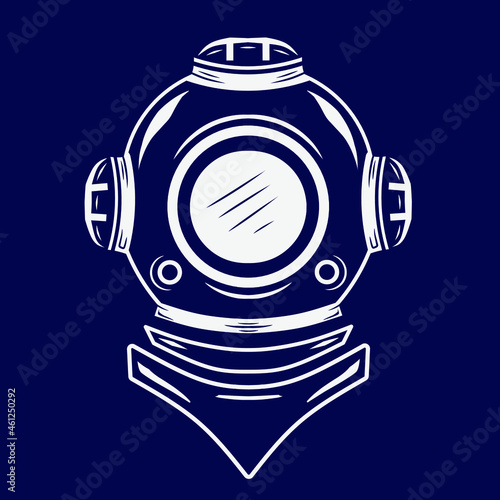 Scuba diving helmet line pop art logo. Colorful sea design with dark background. Abstract vector illustration.