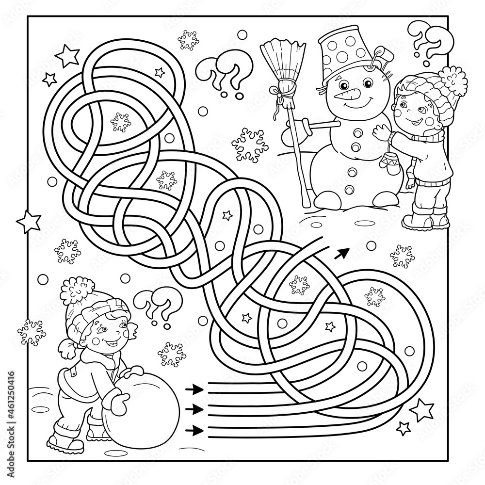 Maze or Labyrinth Game. Puzzle. Tangled Road. Coloring Page Outline Of cartoon boy with girl making snowman together. Winter. Coloring book for kids.