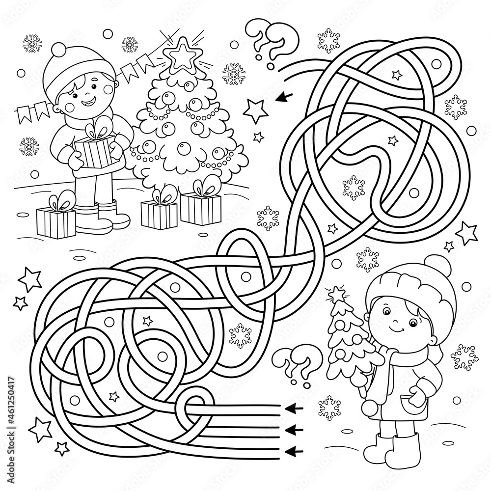 Maze or Labyrinth Game. Puzzle. Tangled Road. Coloring Page Outline Of children with gifts at Christmas tree. Christmas. New year. Coloring book for kids.