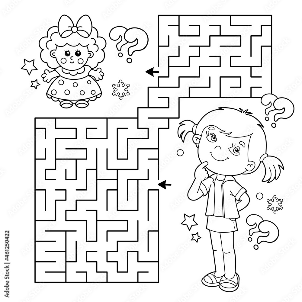 Maze or Labyrinth Game. Puzzle. Coloring Page Outline Of cartoon girl with  toy doll. Coloring book for kids. Векторный объект Stock | Adobe Stock