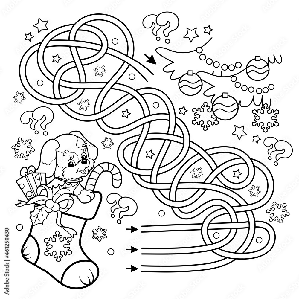 Maze or Labyrinth Game. Puzzle. Tangled Road. Coloring Page Outline Of  Christmas boot or sock with gifts and dog. Christmas. New year. Coloring  book for kids. Векторный объект Stock | Adobe Stock