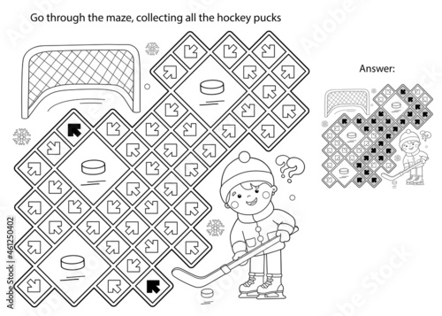 Maze or Labyrinth Game. Puzzle. Coloring Page Outline Of cartoon boy playing hockey. Winter sports. Coloring book for kids.