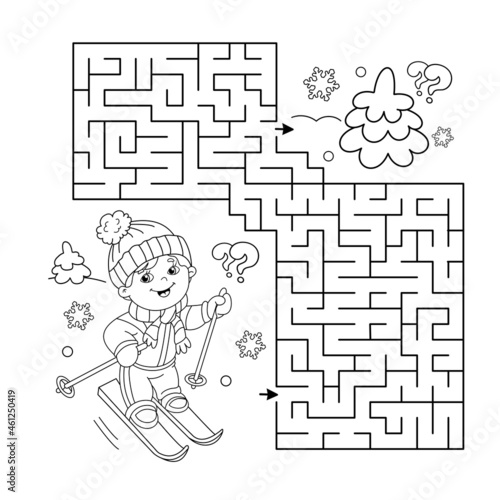 Maze or Labyrinth Game. Puzzle. Coloring Page Outline Of cartoon boy skiing. Winter sports. Coloring book for kids.