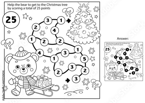 Math addition game. Puzzle for kids. Maze. Coloring Page Outline Of little bear with Christmas tree. New year. Christmas. Coloring book for children.
