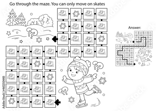 Maze or Labyrinth Game. Puzzle. Coloring Page Outline Of cartoon girl skating. Winter sports. Coloring book for kids.