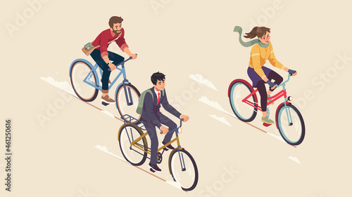 Cycling people, business, casual dressed ride bike