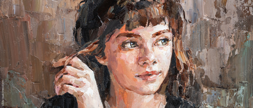 Portrait of a brunette girl. The background is dark blue. Oil painting on canvas. Portrait of a brunette girl. The background is dark blue. Oil painting on canvas.