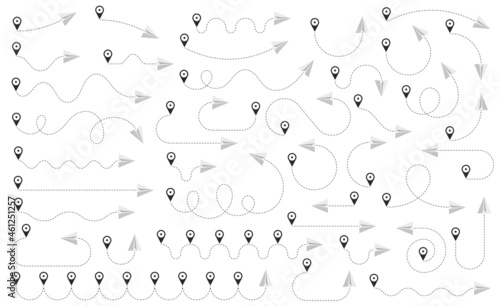 The flight path of the aircraft from the point of location along the dotted line. Flight route from a waypoint with an paper airplane silhouette. Vector elements.	
