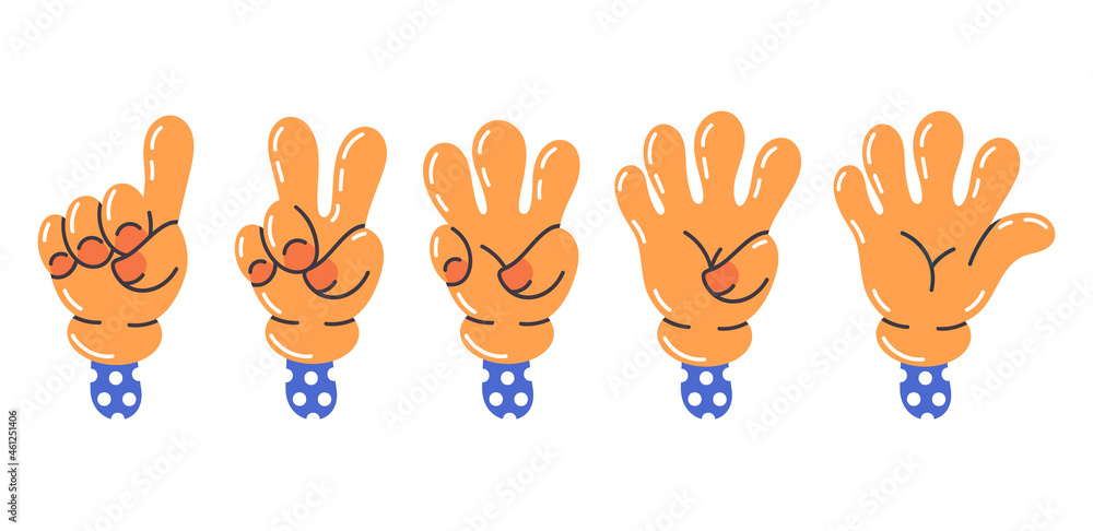 Cartoon comic hands. Counting from one to five comic gloved hands ...