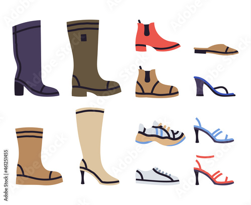 Fashion female shoes, boots, sneakers, sandals. Doodle casual women’s footwear, modern vector illustration set