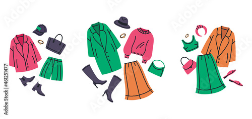 Female stylish wardrobe clothes outfits. Modern casual trendy looks, colorful green and pink outfits cartoon vector illustration set. Fashion bright clothes sets