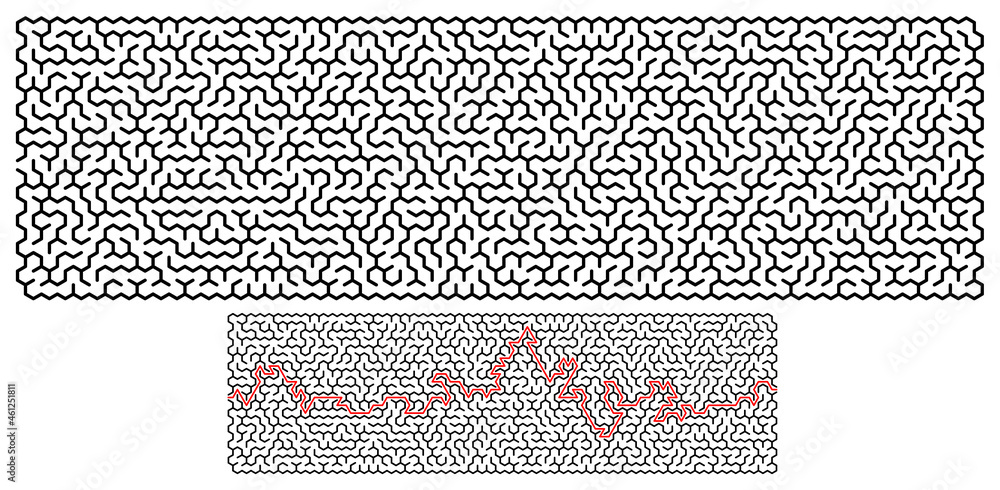 Schwieriges Rätsel Labyrinth im Panorama Format mit Lösung Stock