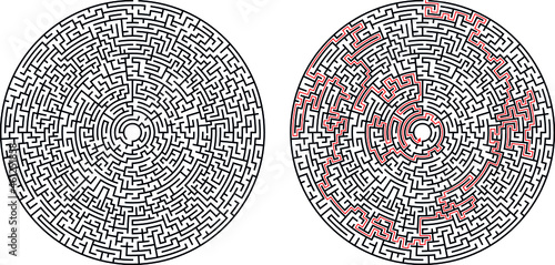 Herausforderndes komplexes Rätsel Kreis Labyrinth mit Lösung als Spiel