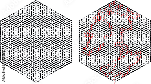 Komplexes herausforderndes Hexagon Labyrinth mit Lösung als Rätsel und Spiel