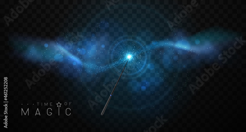 Magic wand with blue glowing shiny trail.  Isolated on black transparent background. Vector illustration photo