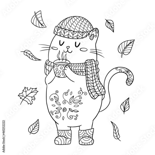 Cat with hot tea in hat and scarf autumn illustration. Coloring book page with zentangle elements. Vector line art kitty in clothes.