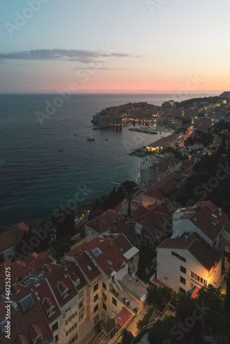 Travel to Dubrovnik.Aerial night amazing sunset sky in the summer. Visit attractions when in Dubrovnik are Fortresses Lovrijenac and Bokar. Visit the old tow museums  ancient palaces and cathedrals