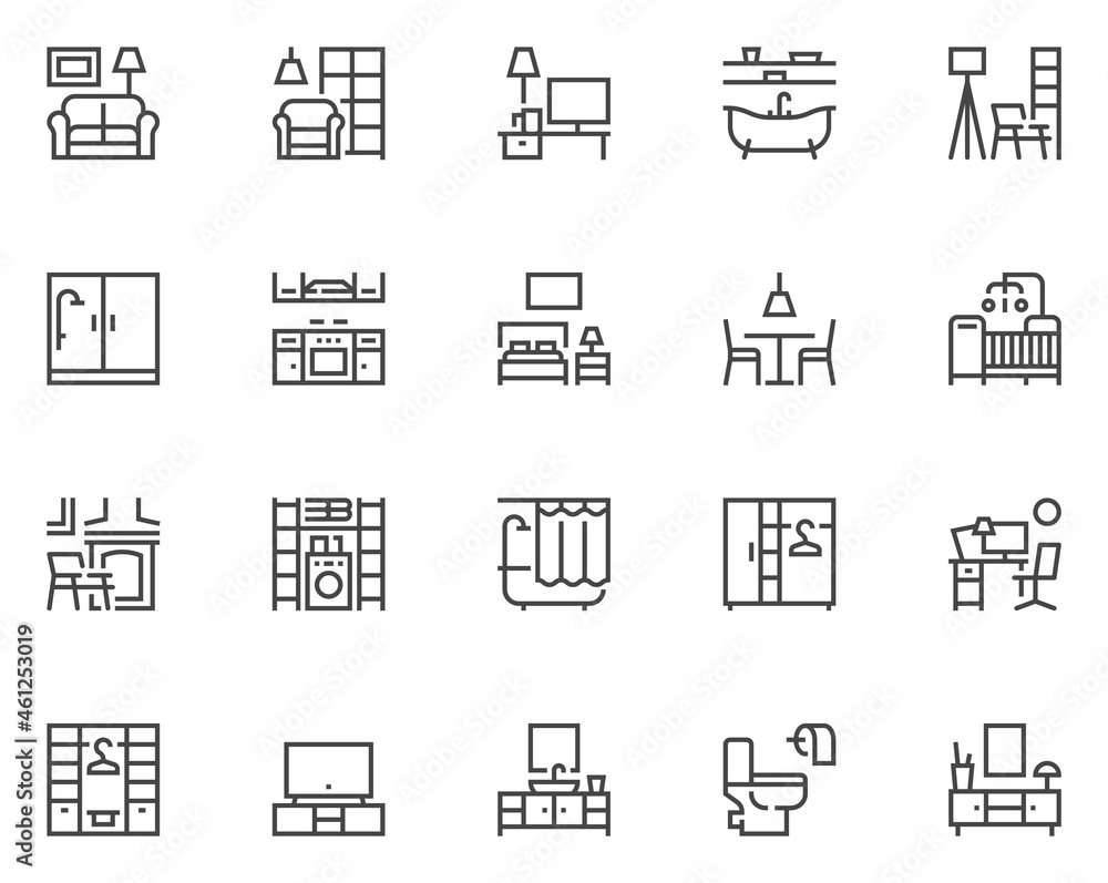 Home Rooms and Interior. Kitchen, Living Room, Storage System, Home Furniture. Simple Vector Line Icons. Editable Stroke. 48x48 Pixel Perfect. Home Rooms and Interior. Kitchen, Living Room, Storage System, Home Furniture. Simple Vector Line Icons. Editable Stroke. 48x48 Pixel Perfect.