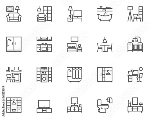 Home Rooms and Interior. Kitchen, Living Room, Storage System, Home Furniture. Simple Vector Line Icons. Editable Stroke. 48x48 Pixel Perfect.