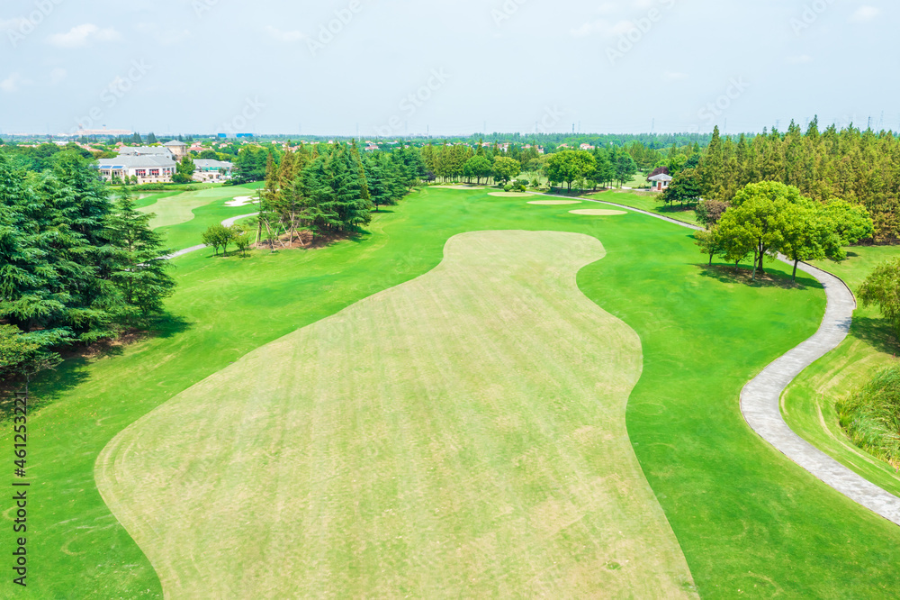 Fototapeta premium Aerial view of green lawn on golf course.