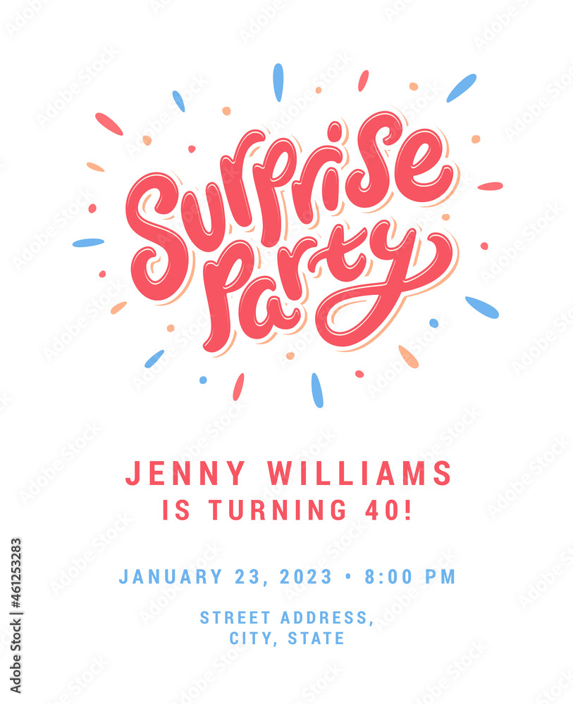 Surprise party. Vector invitation with handwritten lettering. Surprise party. Vector invitation with handwritten lettering.