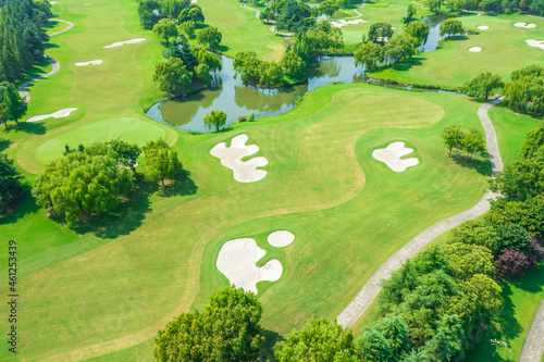 Aerial view of green lawn and forest on golf course.