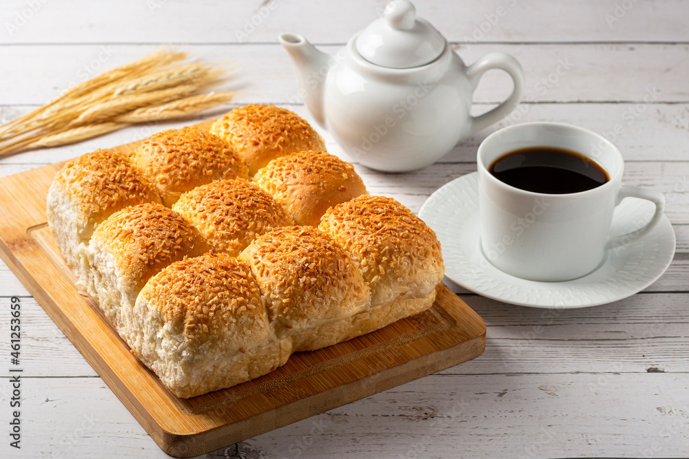 Breakfast table with coconut bread. Breakfast table with coconut bread.