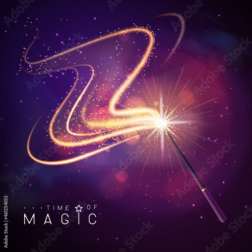 Magic wand with golden neon glowing shiny trail on abstract space background. Vector illustration
