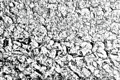 Grunge texture of uneven rough surface with spots, dirt, noise. Abstract black and white background. Vector illustration. Overlay template