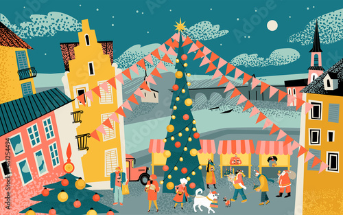 Winter cityscape with a Christmas market in the square. Christmas tree, stalls and people with gifts and mulled wine.