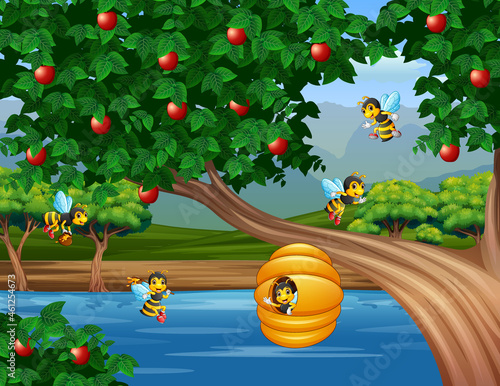 Illustration of apple tree with a beehive surrounded by bees