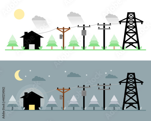 Electric poles to transmit electricity to house or home with tree night and day time icon flat vector design. Concept eco clean green energy environmentally friendly.