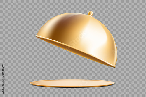 Golden tray with cloche. Template isolated on transparent background